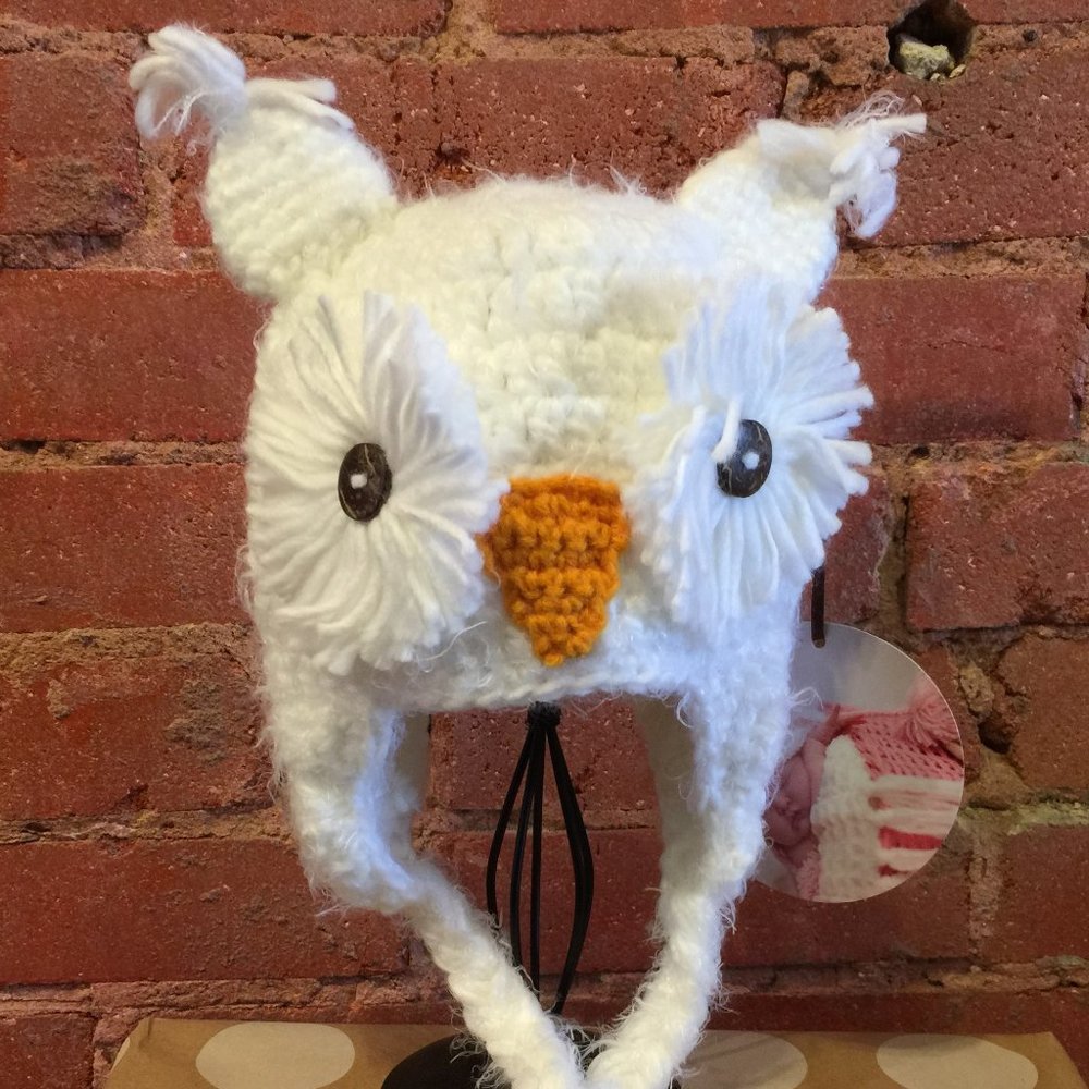 Kid's Hand-Knit White Owl (Kasper) Hat with Braided Ties